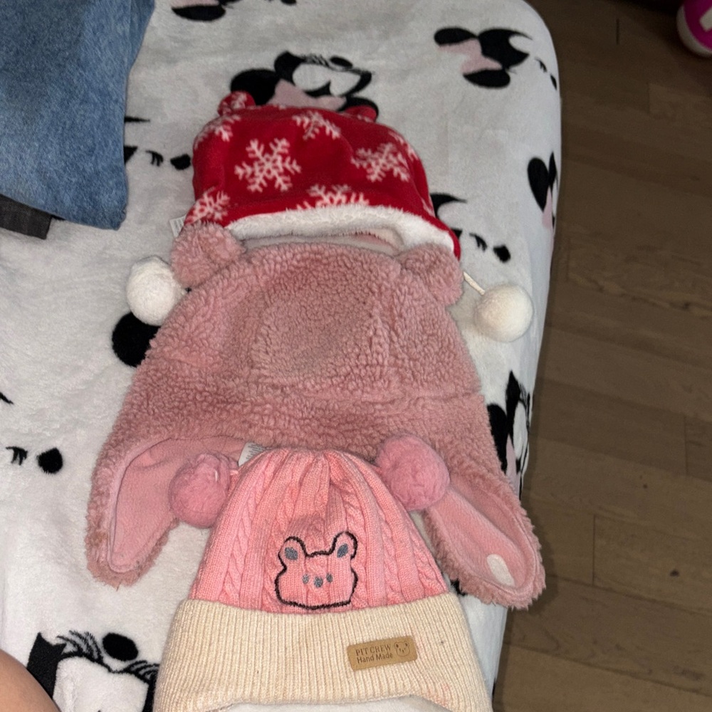Pink and Red Winter Hats with Cute Designs